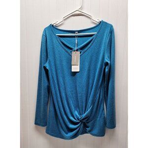NWT- Niashot Criss-Cross V-Neck Long Sleeve Drape Top - Blue Small